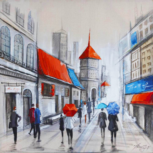 HA115 Wall décor art oil on canvas street scene blue red tones